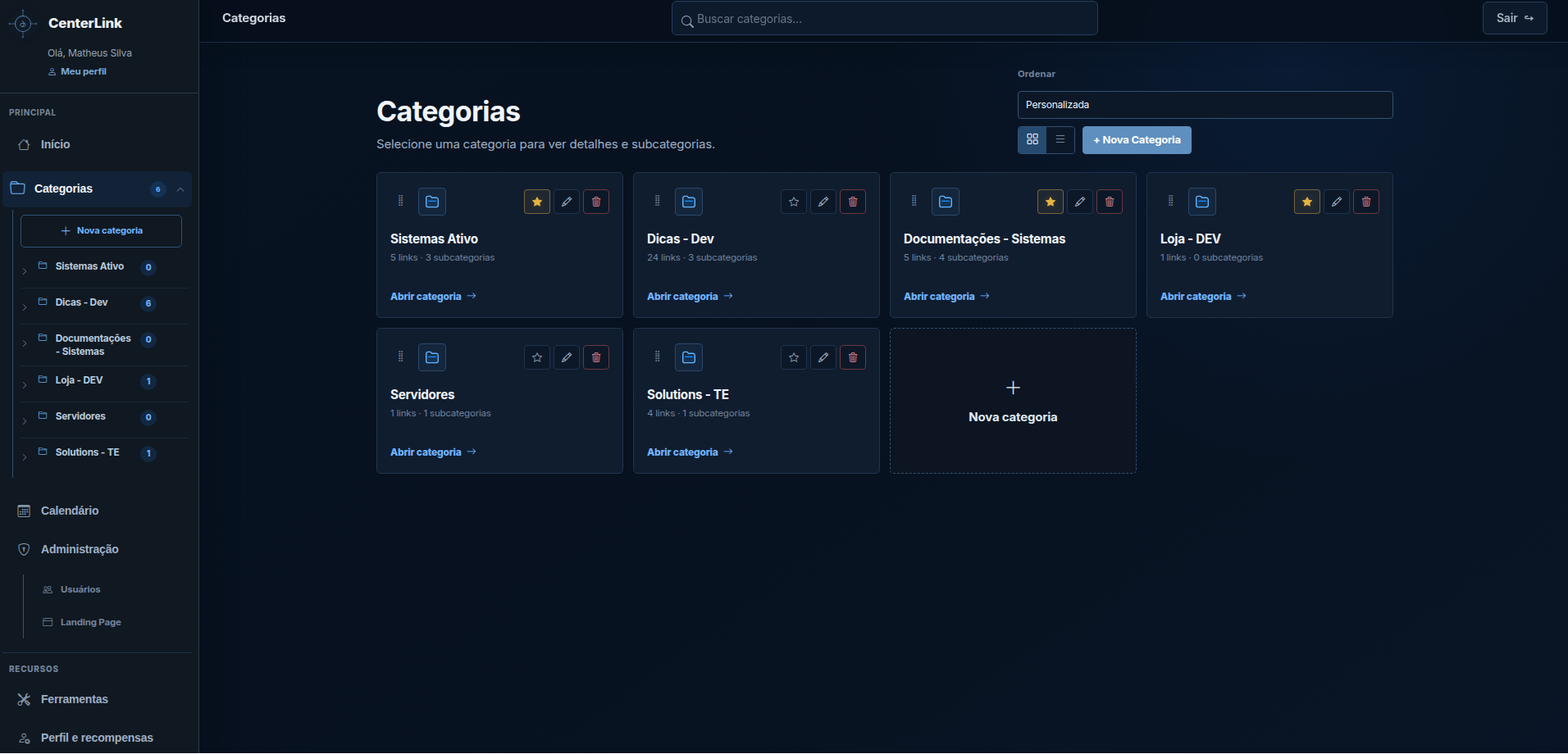 Tela real de categorias do CenterLink