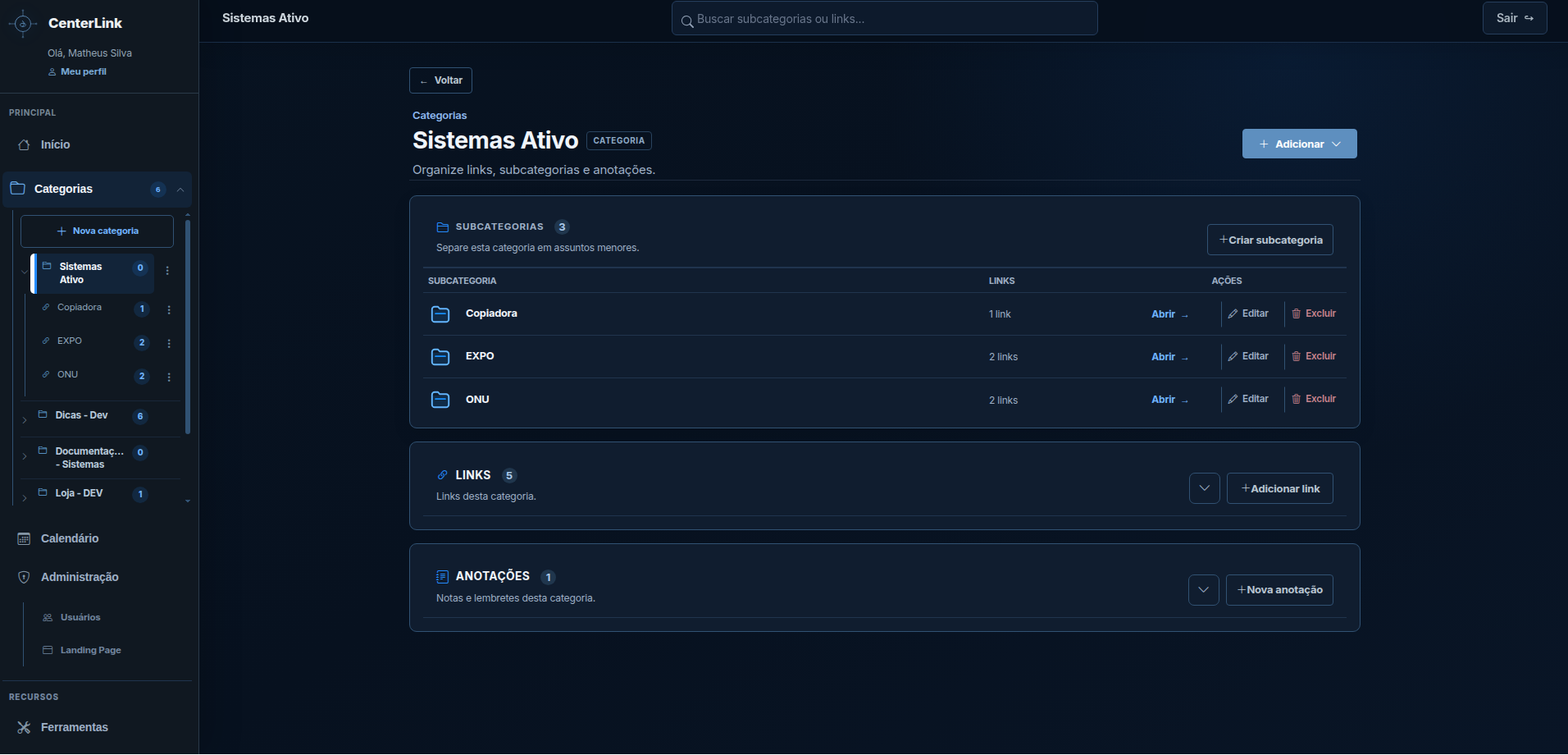 Tela real de uma categoria com subcategorias, links e anotações